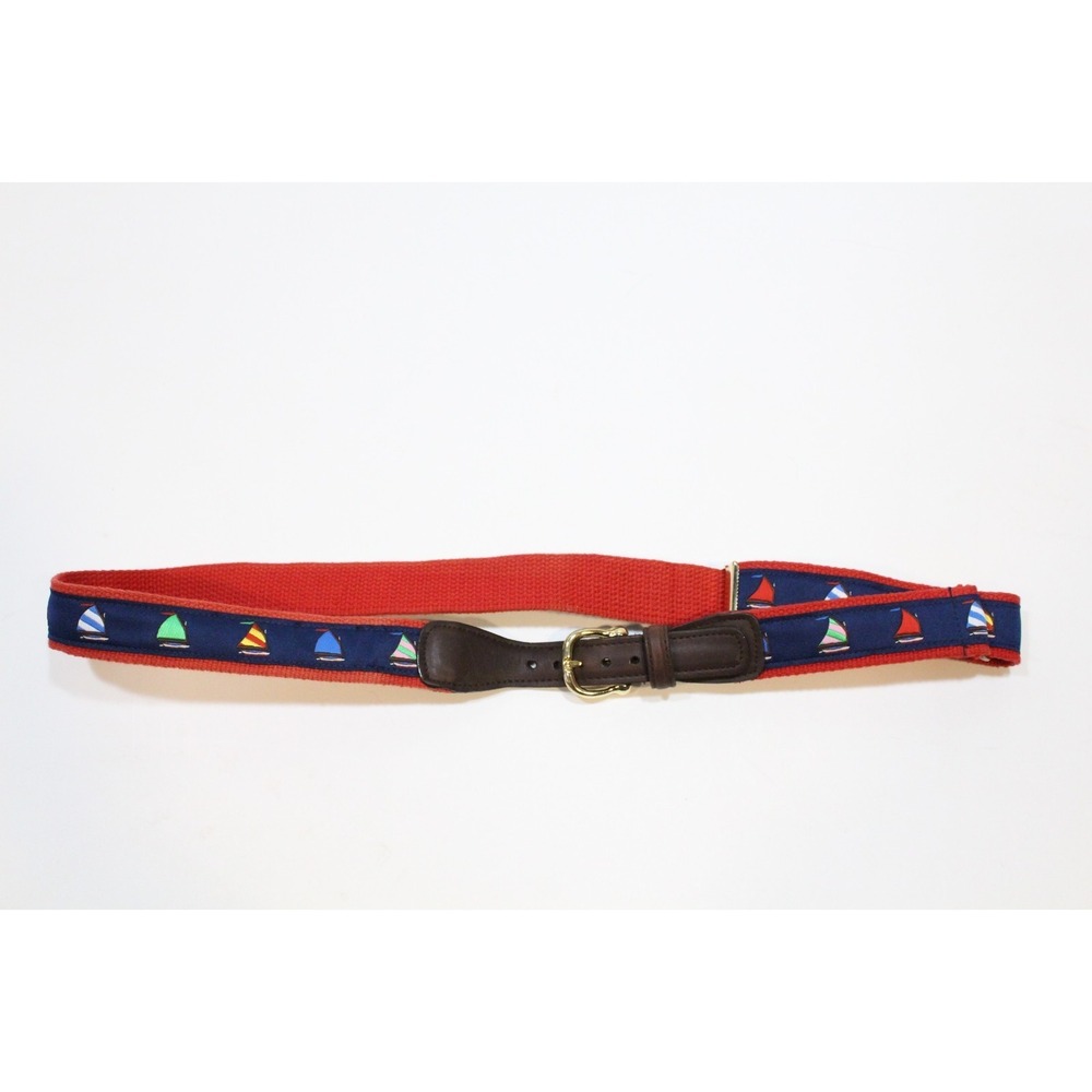 Vtg Alynn Mens Canvas Leather Belt Sail Boats‎ Adjustable Navy Blue Size 29-42W